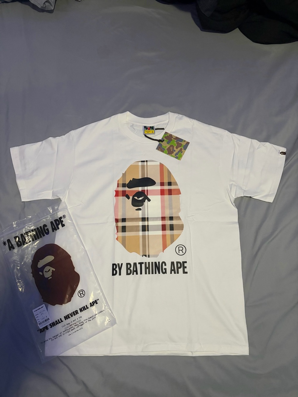 White Short-Sleeve Plaid Logo Tee